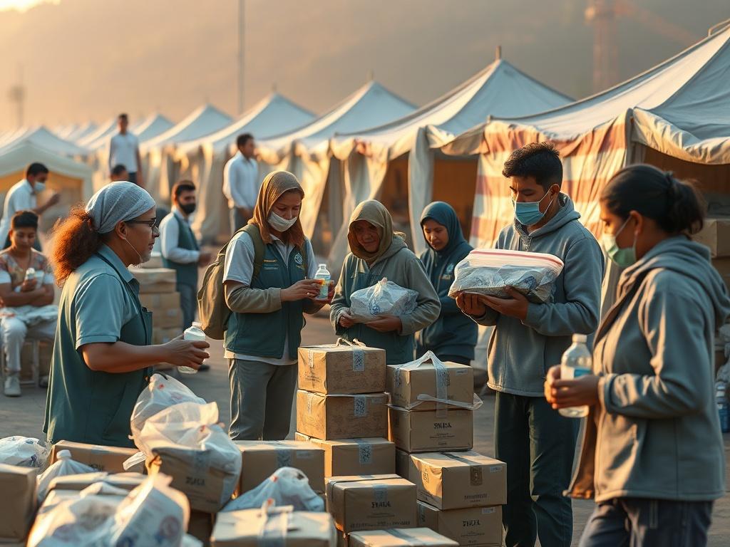 An impactful scene of volunteers distributing emergency supplies to families