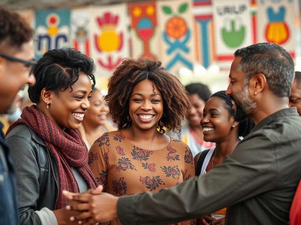 A close-up shot of diverse community members collaborating during an outreach event, smiling and engaging with each other. The scene captures the warmth of human connection, set against a backdrop of vibrant community banners. The composition focuses on a group of individuals, showcasing their unity and teamwork. Use a 45mm f/1.2 lens style to create a hyper-realistic effect.