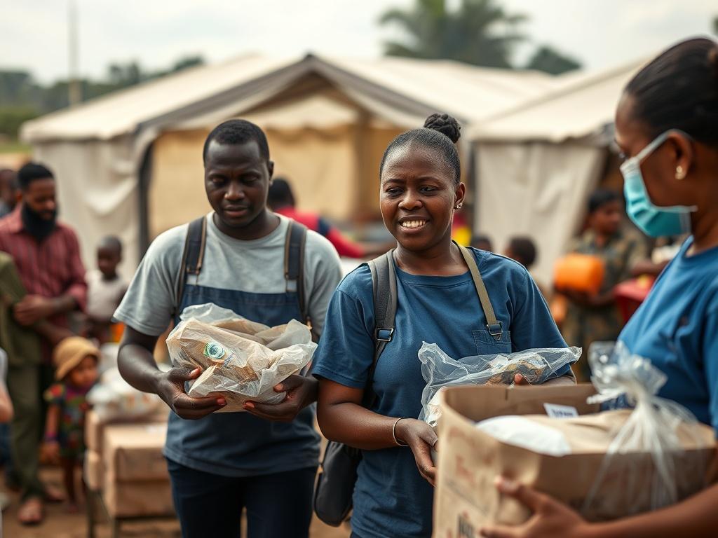A close-up of volunteers distributing food and supplies during a disaster relief effort, capturing their determination and compassion. The background shows a temporary shelter with families receiving aid, emphasizing the critical nature of the support. The image should be warm and inviting, focusing on human connection and urgency, shot with a 45mm f/1.2 lens for a hyper-realistic look.