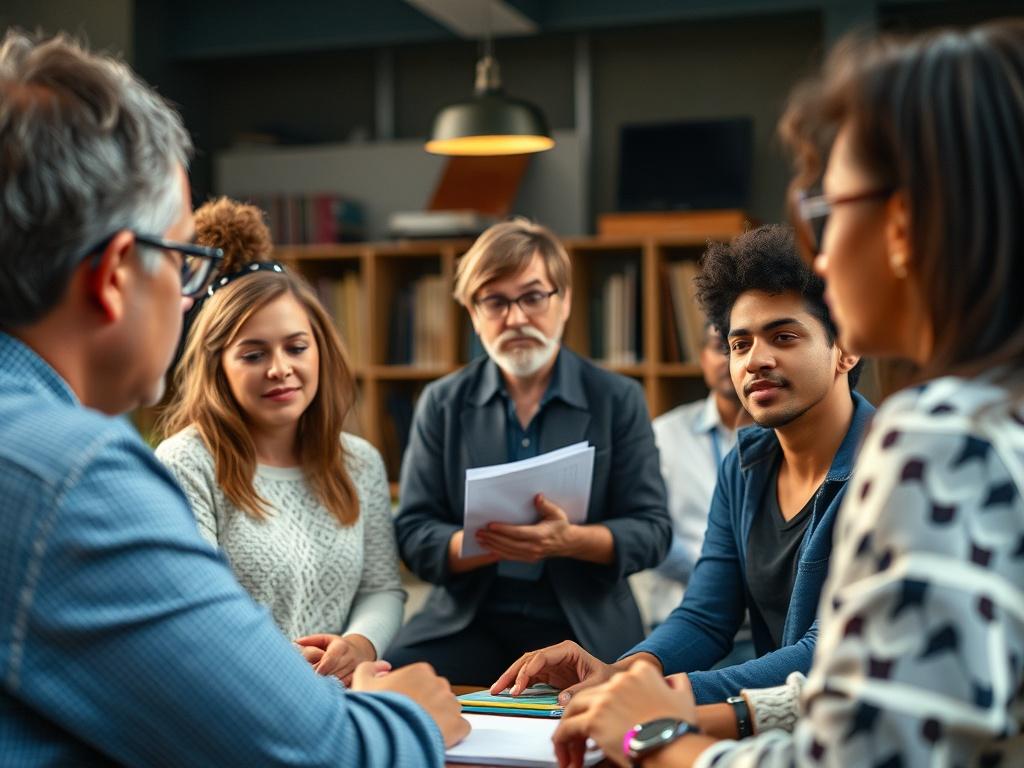 A close-up image of an instructor leading a workshop, surrounded by engaged participants listening intently. The setting should reflect a positive learning environment, with materials and resources visible. The focus should be on the interaction between the instructor and the participants, showcasing the empowerment through education, rendered in hyper-realistic detail with a 45mm f/1.2 lens.