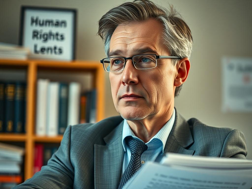 A close-up shot of a certified Human Rights Consultant in a professional setting, confidently discussing human rights principles. The background should include subtle elements that symbolize social justice, such as books on ethics and human rights. The lighting should be soft and warm, creating an inviting atmosphere. The consultant is a middle-aged individual with a thoughtful expression, wearing business attire, and surrounded by diverse documents. The image should be hyper-realistic, showcasing an enviro