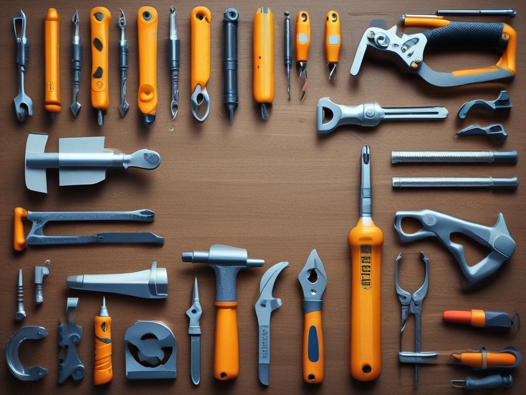 A hyper realistic close up shot of various hand tools