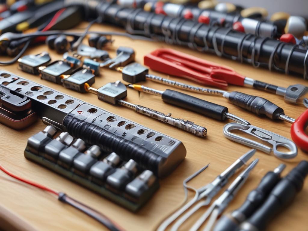 A hyper realistic close up shot of various electrical tools,