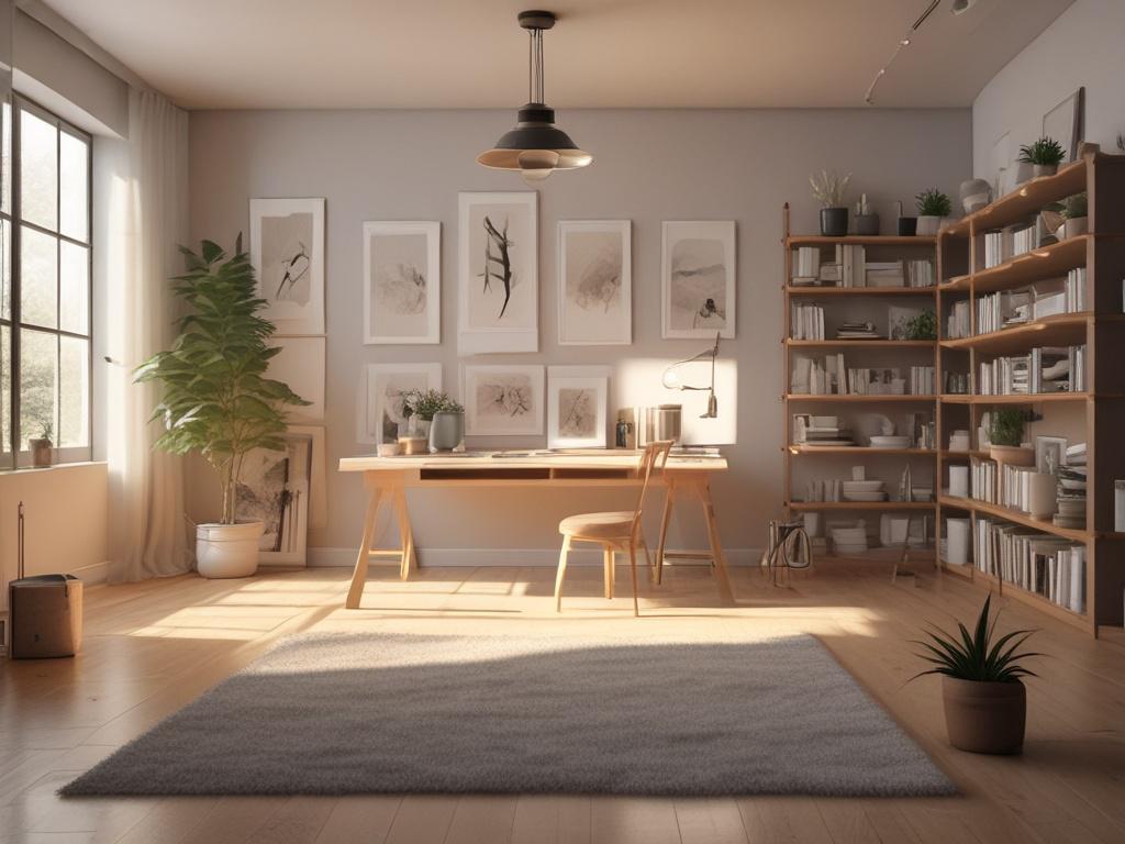 A serene art studio with soft lighting, featuring an artist