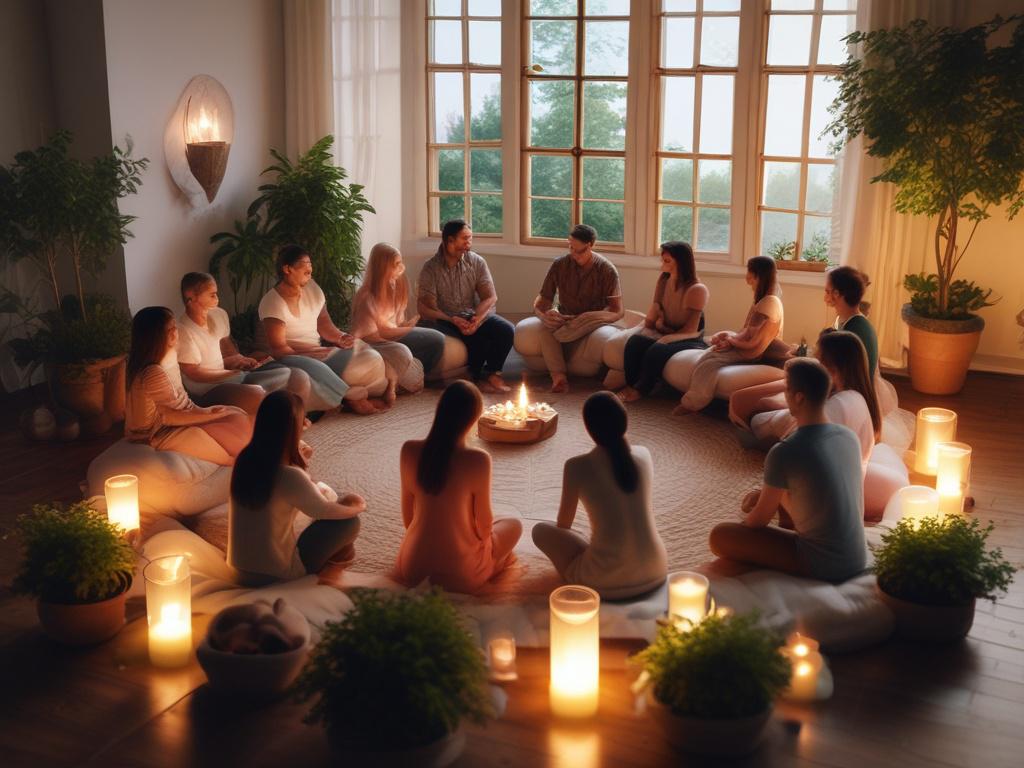A warm and inviting spiritual growth circle, featuring a diverse
