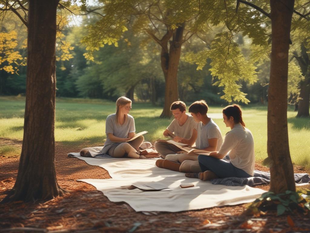 A peaceful outdoor setting for a writing retreat, featuring a