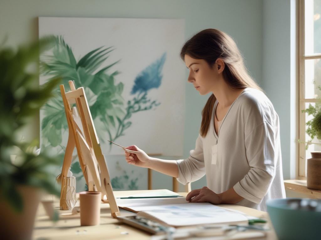 A serene and peaceful art studio setting with soft natural lighting. A single person, a woman with a calm expression, is engaged in creating art on a canvas. The background features gentle hues of blue and green, with soft textures of nature visible through a window. An array of art supplies is placed neatly nearby, including brushes, paints, and a sketchbook. The atmosphere conveys tranquility and mindfulness, inviting viewers to feel inspired and connected to their creative selves.