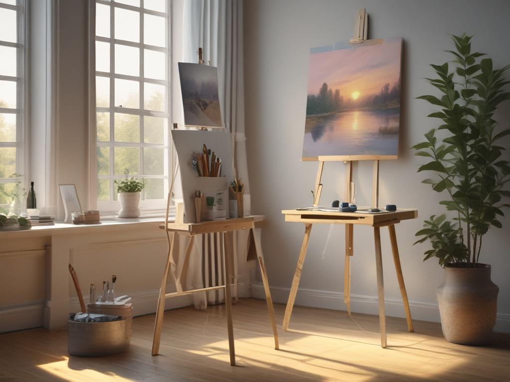 A serene workspace featuring a single artist's easel with a