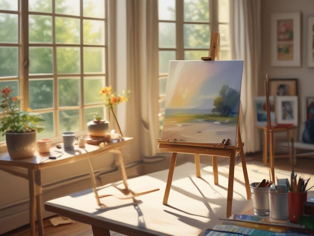 A serene painting class in a sunlit studio, featuring an