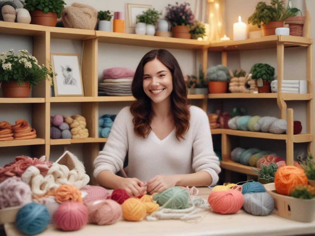 A cozy crafting workshop with a table covered in colorful