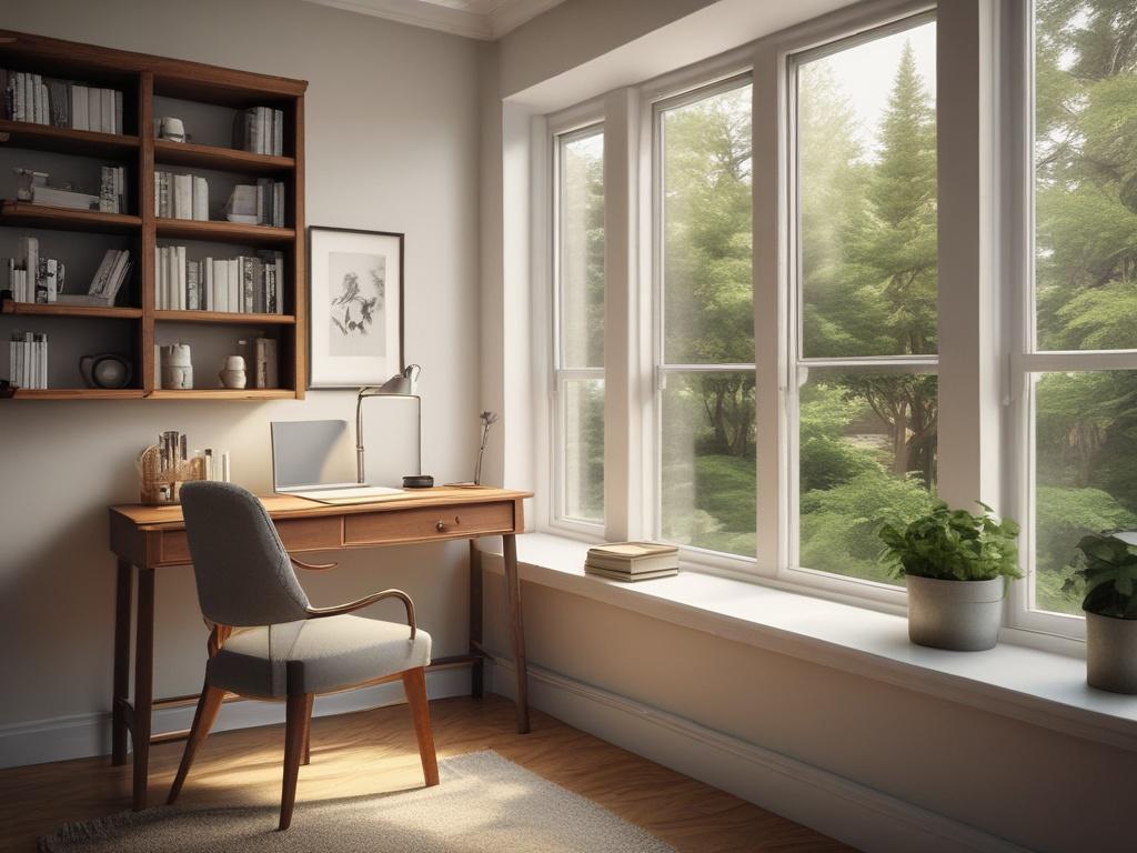 A tranquil writing nook featuring a simple wooden desk with
