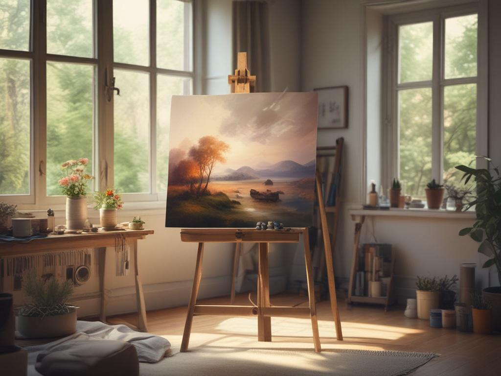 A serene artist's studio with a single easel holding a