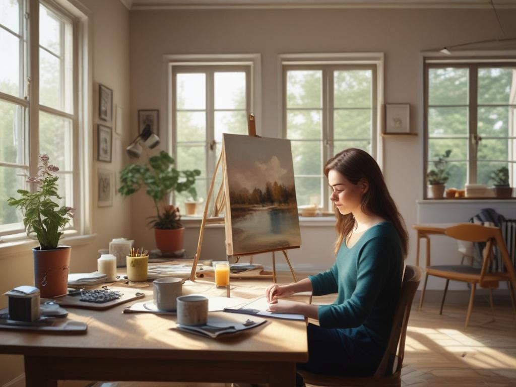 Create a realistic high-resolution photo that captures the essence of unwinding through creative hobbies. The composition should be simple and clear, featuring a single subject: a person in their cozy home workspace, deeply focused on a painting. This individual, a middle-aged woman with a serene expression, is seated at a well-lit wooden table adorned with art supplies—paint tubes, brushes, and a blank canvas. 

The background should showcase soft, pastel-colored shelves lined with completed artwork, plant