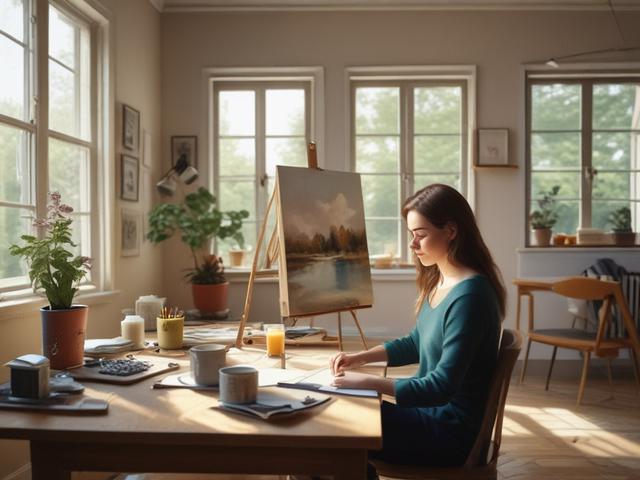 Create a realistic high-resolution photo that captures the essence of unwinding through creative hobbies. The composition should be simple and clear, featuring a single subject: a person in their cozy home workspace, deeply focused on a painting. This individual, a middle-aged woman with a serene expression, is seated at a well-lit wooden table adorned with art supplies—paint tubes, brushes, and a blank canvas. 

The background should showcase soft, pastel-colored shelves lined with completed artwork, plant