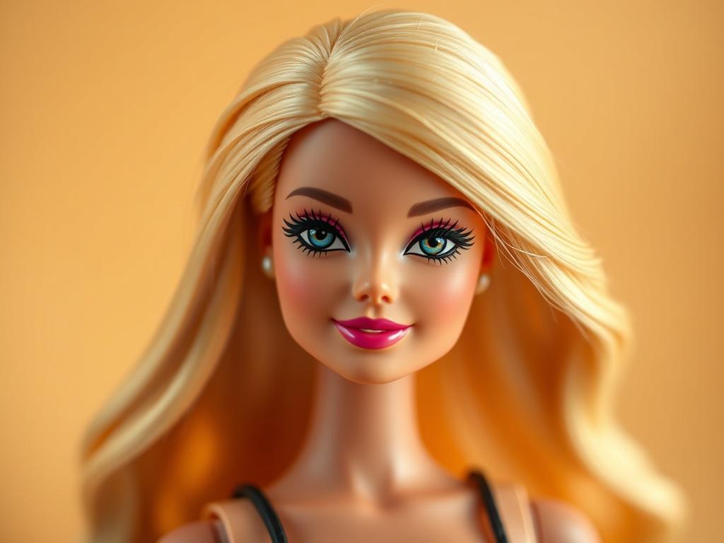 Create a highly realistic high-resolution photo of a single blonde Barbie doll, showcasing her in a close-up composition that focuses on her face and upper body. The doll should be styled with vibrant, flowing blonde hair, styled in soft waves that catch the light, highlighting her features. Her skin tone should reflect a natural, sun-kissed glow.

Position her against a softly blurred, warm-toned background that complements the RGB color code (143, 143, 116), ensuring that the main subject stands out promi