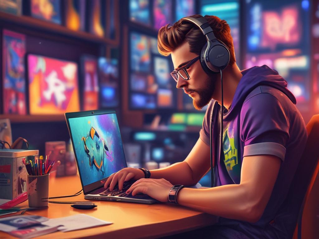 A realistic high resolution of a gamer using a laptop