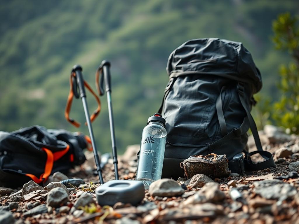 An outdoor scene featuring hiking gear like a backpack, water