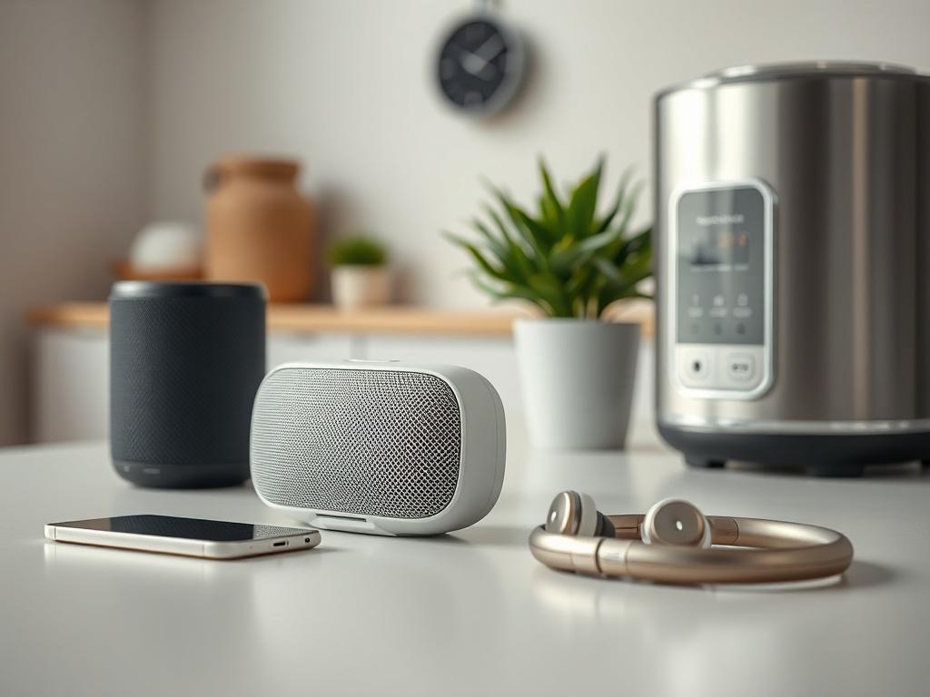 A sleek and modern gadget setup featuring a smart speaker,