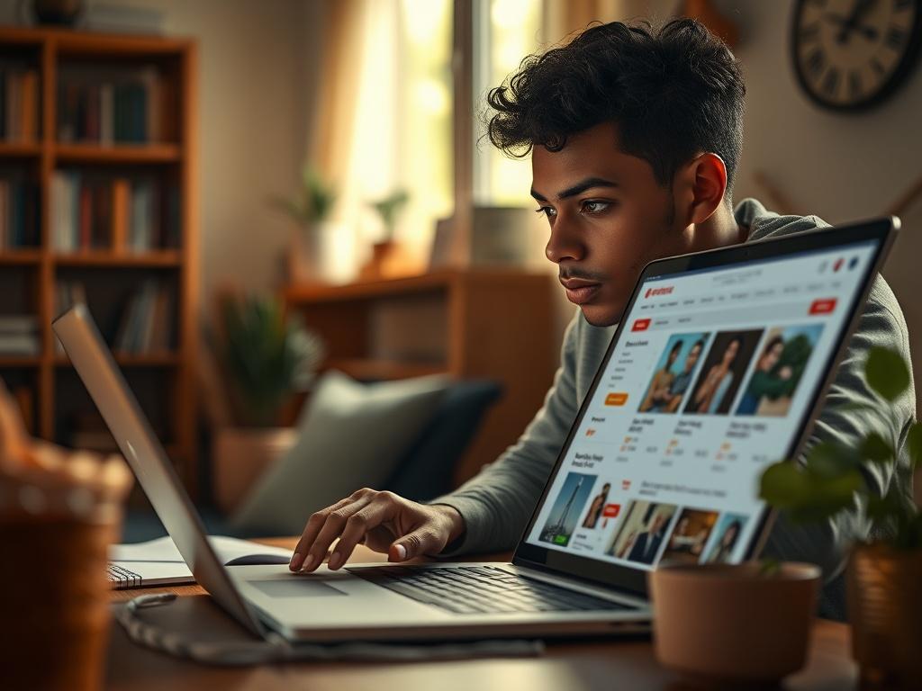 Create a hyper-realistic high-resolution photo of a person sitting at a cozy, well-lit desk with a laptop open, actively searching for the best deals online. The subject should be a young adult, focused and engaged, with an expression of determination and excitement as they scan through product pages. Ensure the individual has a diverse appearance, representing inclusivity. 

In the foreground, include a close-up of the laptop screen, showcasing various product listings with visible price tags indicating di