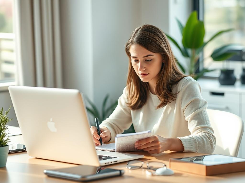 Prompt for AI Image Generator: 

Create a realistic high-resolution photo that captures the essence of affiliate marketing insights focused on selecting the best deals. The main subject should be a main character, a confident young woman seated at a modern desk, intensely analyzing products on her laptop while taking notes on a notepad. She should have an expression of concentration and determination, reflecting the process of carefully evaluating affiliate deals.

The background should be softly blurred to