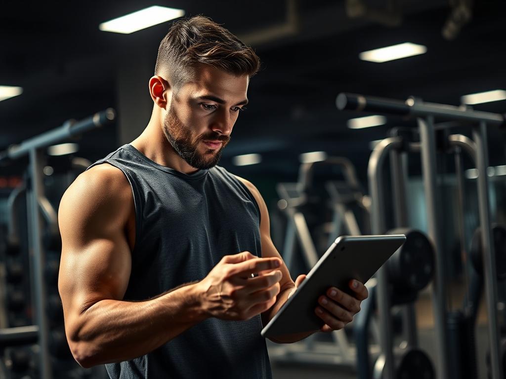 A realistic high-resolution image of a focused individual using a tablet with a fitness app in a modern gym setting. The person is engaged in planning their workout, surrounded by fitness equipment like weights and machines. The lighting is dramatic, highlighting the subject and creating deep shadows, with rich contrasts to enhance the intense atmosphere. The background is slightly blurred to keep the focus on the individual.