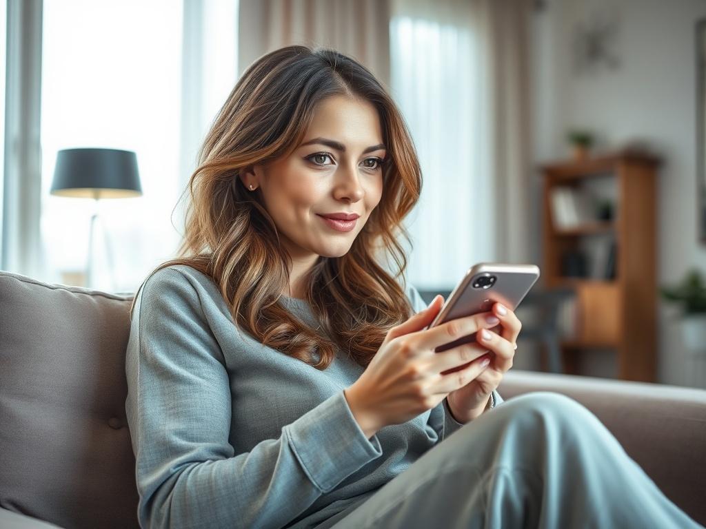 Een vrouw met een geïnteresseerde en vragende gezichtsuitdrukking die met de klantenservice chat via haar mobiele telefoon. Ze zit ontspannen in een moderne, stijlvolle woonkamer met een lichte achtergrond. De focus ligt op haar expressieve gezicht en de smartphone in haar hand. De ruimte is helder verlicht en straalt een gevoel van comfort en toegankelijkheid uit.