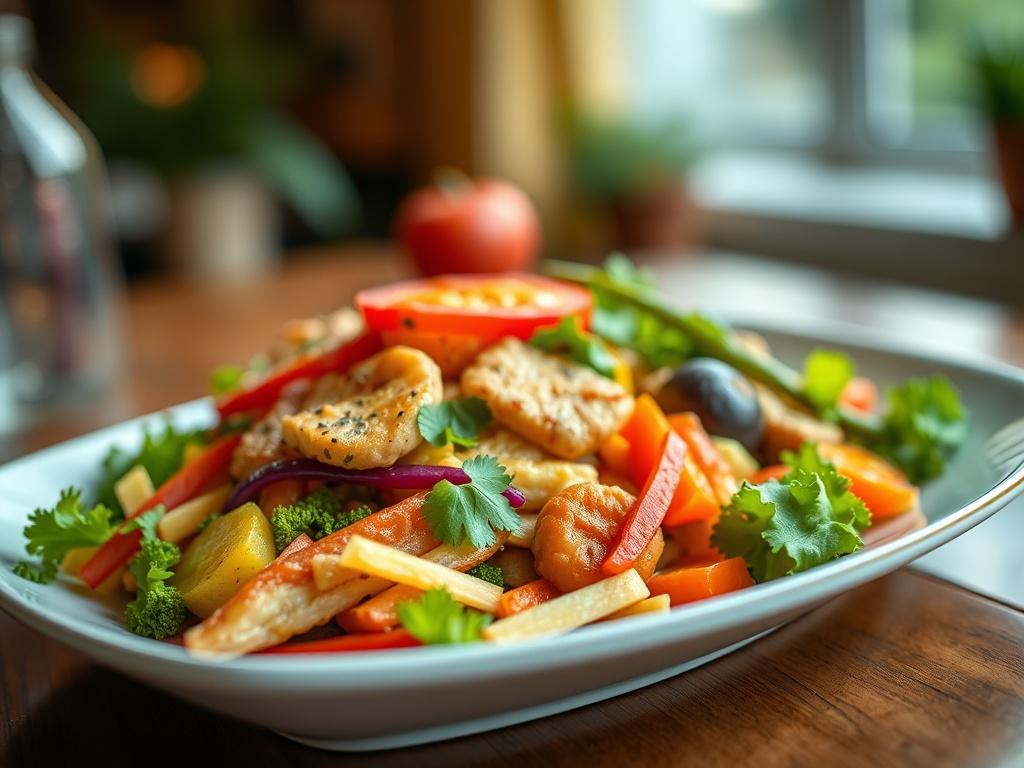 A close-up shot of an appetizing, colorful dish neatly plated, showcasing vibrant vegetables and proteins, reflecting a healthy lifestyle. The background should be softly blurred to keep the focus on the dish, with warm, inviting lighting that enhances the colors. The image should be well-composed, highlighting the details of the food, with a realistic and hyper-realistic quality, shot with a 45mm f/1.2 lens style.