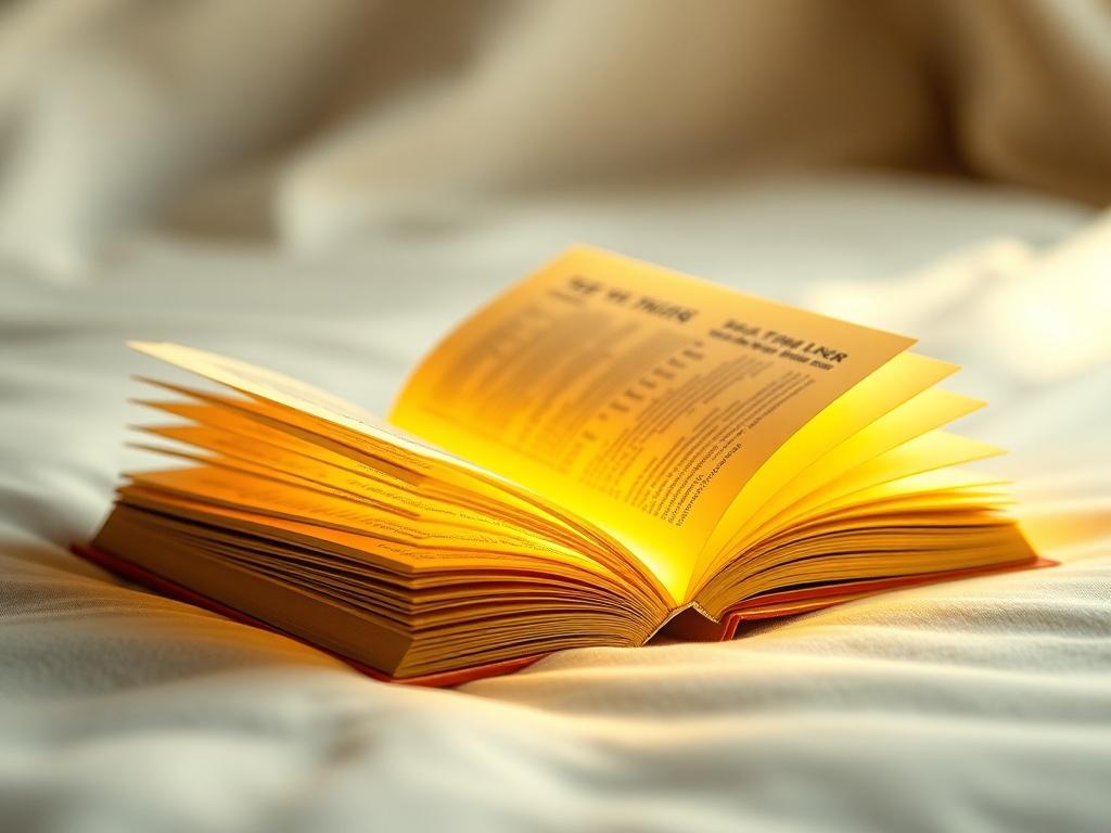 A hyper-realistic close-up shot of a golden swimming book that emits light, placed on a soft, reflective surface. The book is open, revealing pages that shimmer with a warm glow. The background is softly blurred, emphasizing the golden hue of the book and the light it emits, creating an inviting and magical atmosphere.