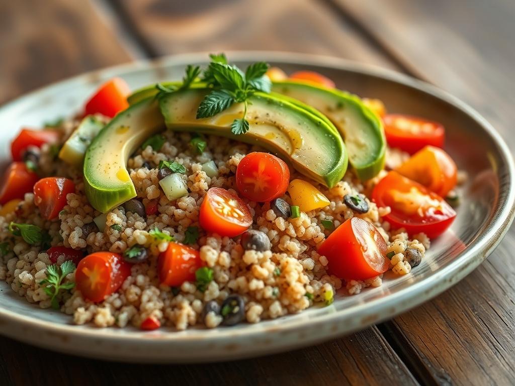 A close-up shot of a delicious and healthy meal, featuring a vibrant quinoa salad with colorful vegetables like cherry tomatoes, cucumber, and bell peppers, topped with slices of avocado and a drizzle of olive oil. The meal is plated beautifully on a rustic wooden table, with fresh herbs sprinkled on top for garnish. The background is softly blurred to keep the focus on the meal, and the lighting is warm and inviting.