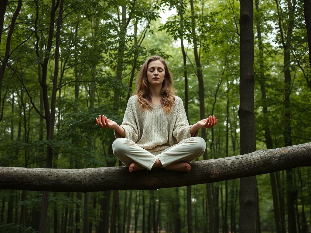 Een mediterende vrouw die op een boomstam zit in het bos. De vrouw is gekleed in comfortabele, natuurlijke stoffen en lijkt ontspannen en gefocust. Het bos om haar heen is weelderig en groen, met zonnestralen die door de bladeren schijnen. Op de achtergrond zijn zachte, aardse tinten te zien die bijdragen aan een rustgevende sfeer. De compositie is eenvoudig en duidelijk, met de vrouw als het enige onderwerp in het beeld.