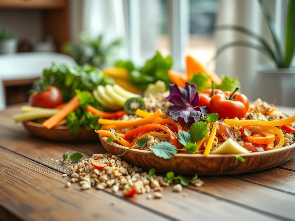 A hyper-realistic close-up shot of a beautifully arranged healthy meal on a wooden table, showcasing vibrant colors and fresh ingredients like vegetables, fruits, and grains. The focus should be on the meal, highlighting its texture and freshness. The background should be softly blurred to emphasize the dish in the foreground, with natural light illuminating the scene to create an inviting atmosphere.