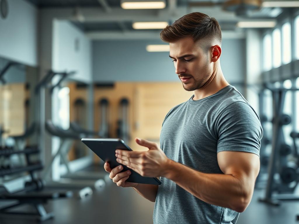 Een man die in de sportschool staat met een tablet in zijn handen. Hij kijkt geïnteresseerd naar het scherm van de tablet, waar een fitness schema op staat. De achtergrond toont een moderne sportschool met gewichten en fitnessapparatuur. De sfeer is rustig en inspirerend, met zachte verlichting en een rustige uitstraling.