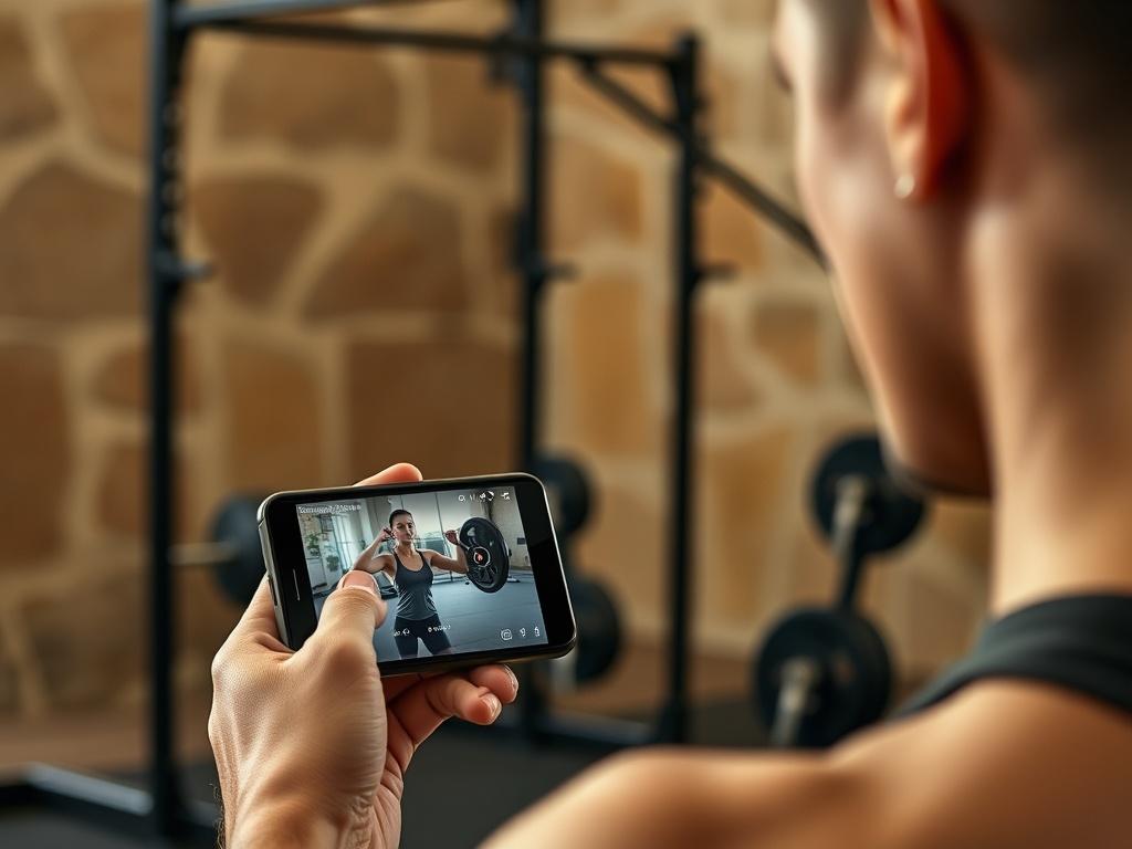 A realistic high-resolution photo of a person in a gym setting, attentively watching a smartphone that displays a fitness coaching video, focusing on exercise form. The background should include gym equipment subtly, with natural earthy tones and textures. The lighting should be soft and warm, creating an inviting atmosphere that emphasizes the importance of feedback in fitness training.