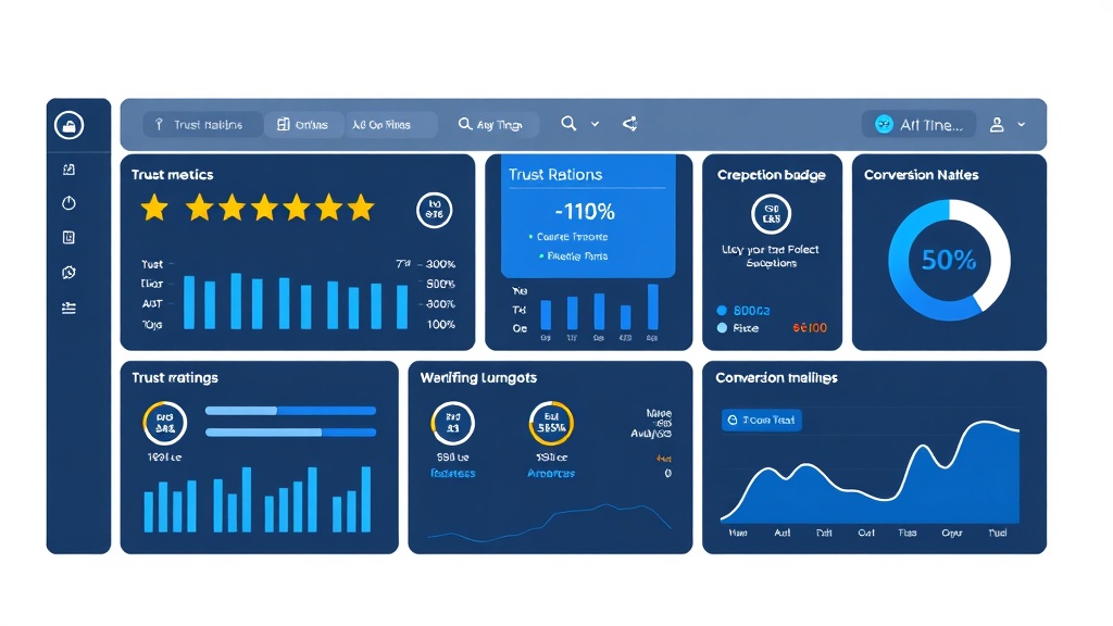Trust metrics dashboard showing review ratings, credibility indicators, and conversion analytics
