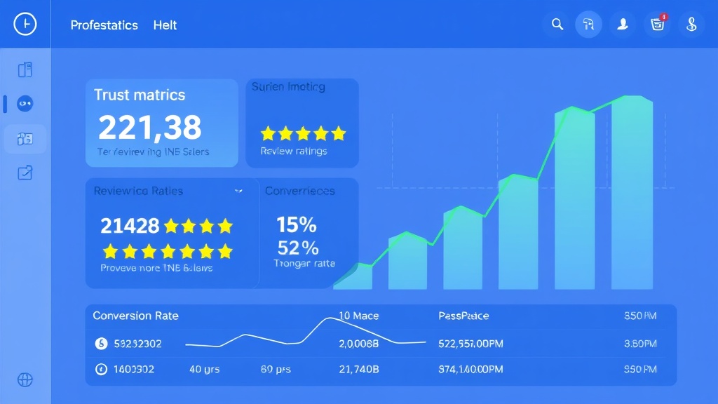 Trust metrics improvement dashboard showing review ratings rising to 4.7 stars