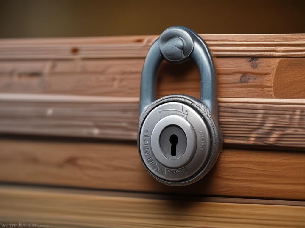 A hyper-realistic close-up shot of a secure lock on a wooden desk, symbolizing trust and security. The background should be softly blurred, highlighting the lock, which should be detailed and shiny. The lighting should be warm and inviting, enhancing the sense of safety and reliability. The primary color theme should incorporate rgb(50, 170, 39) subtly in the environment.