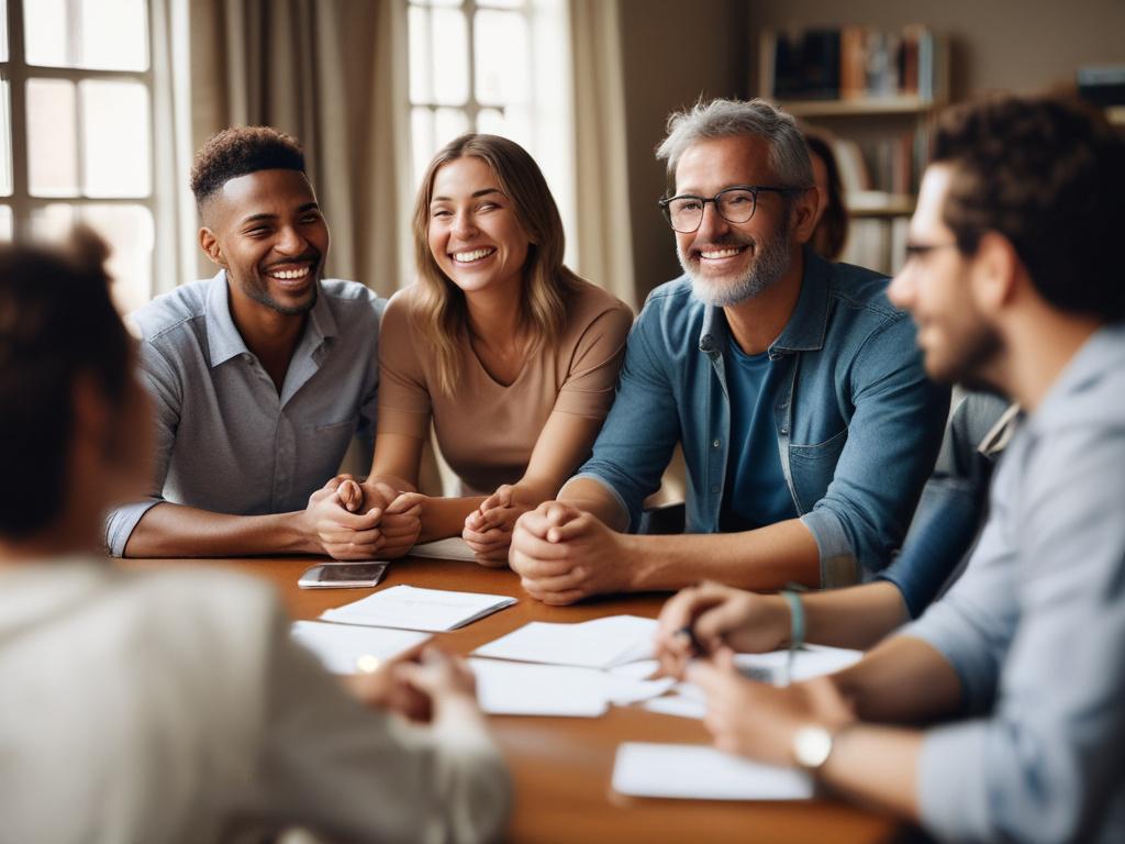 A close up shot of a supportive group therapy session,