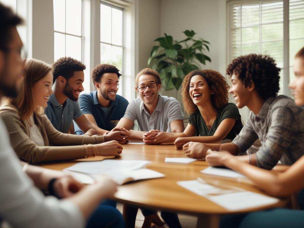 A close up shot of a supportive group therapy session,