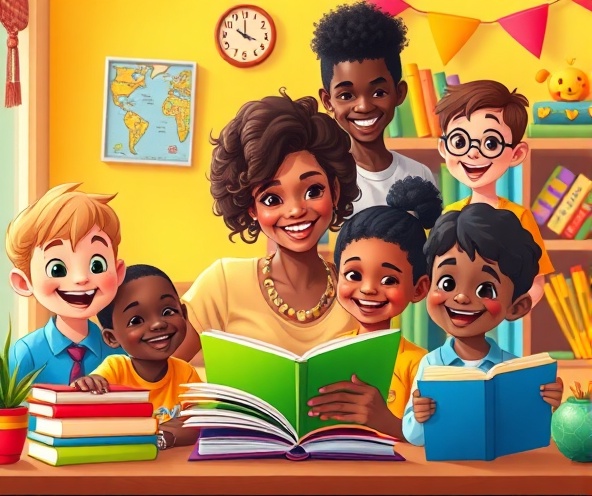 Diverse children and teacher in supportive learning environment