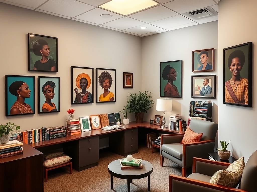 Professional office space with warm lighting and calming atmosphere