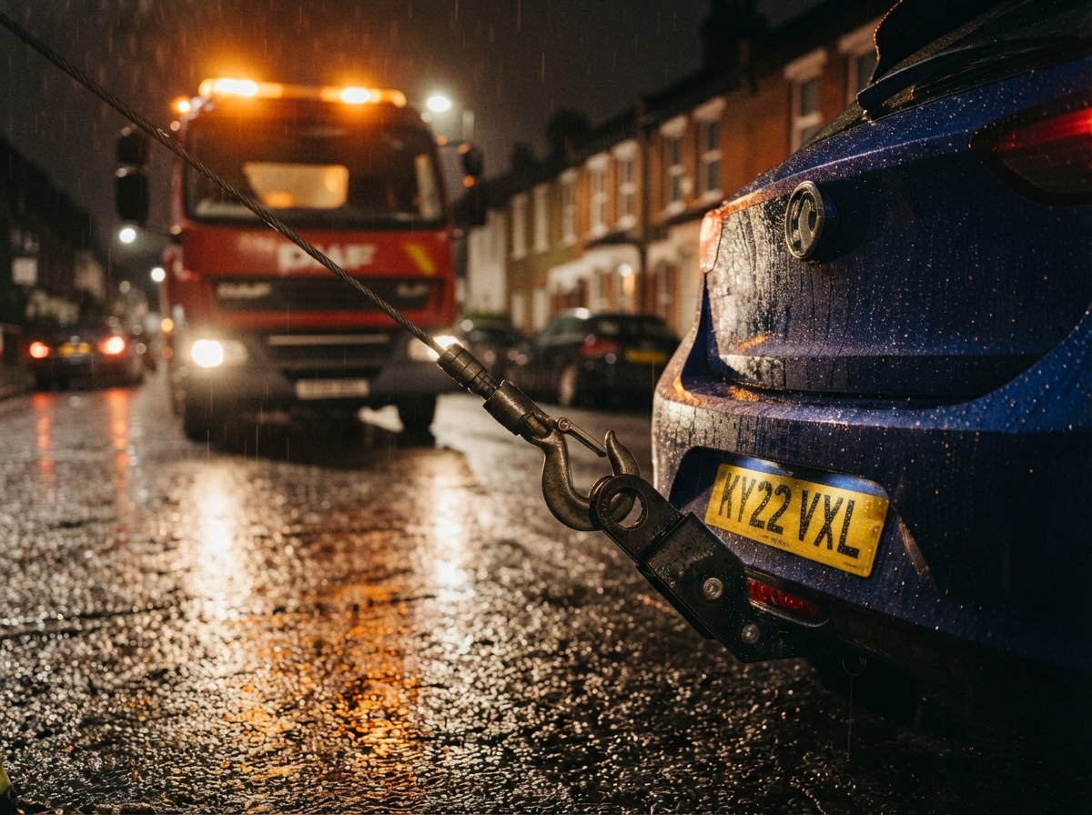 A recovery winch attaching to a car on a rainy street at night