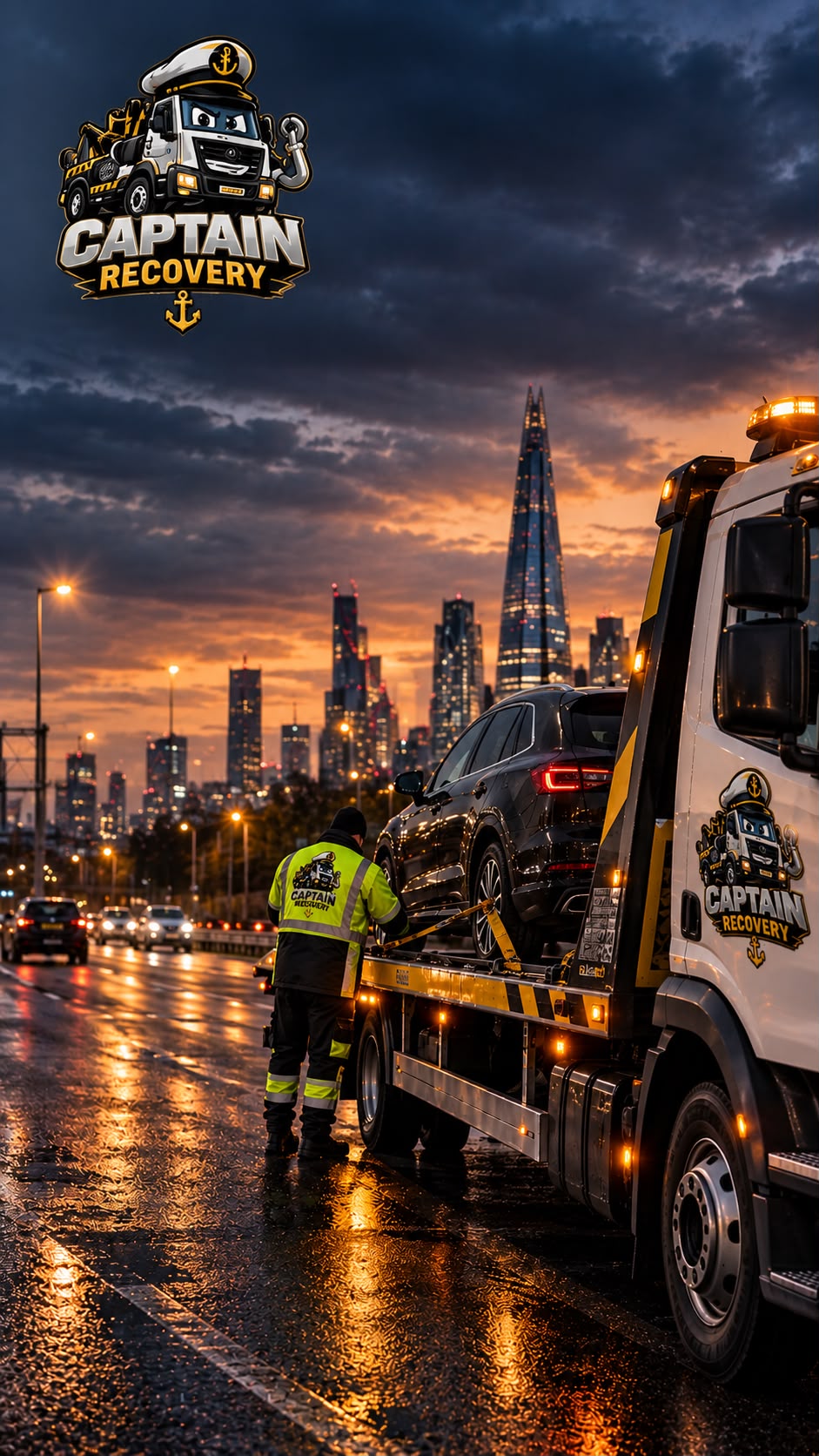 Captain Recovery flatbed tow truck on a motorway at dusk