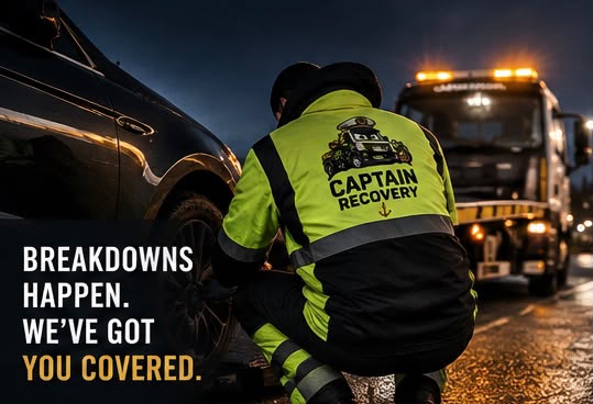 A Captain Recovery driver in high-visibility uniform beside a recovery truck