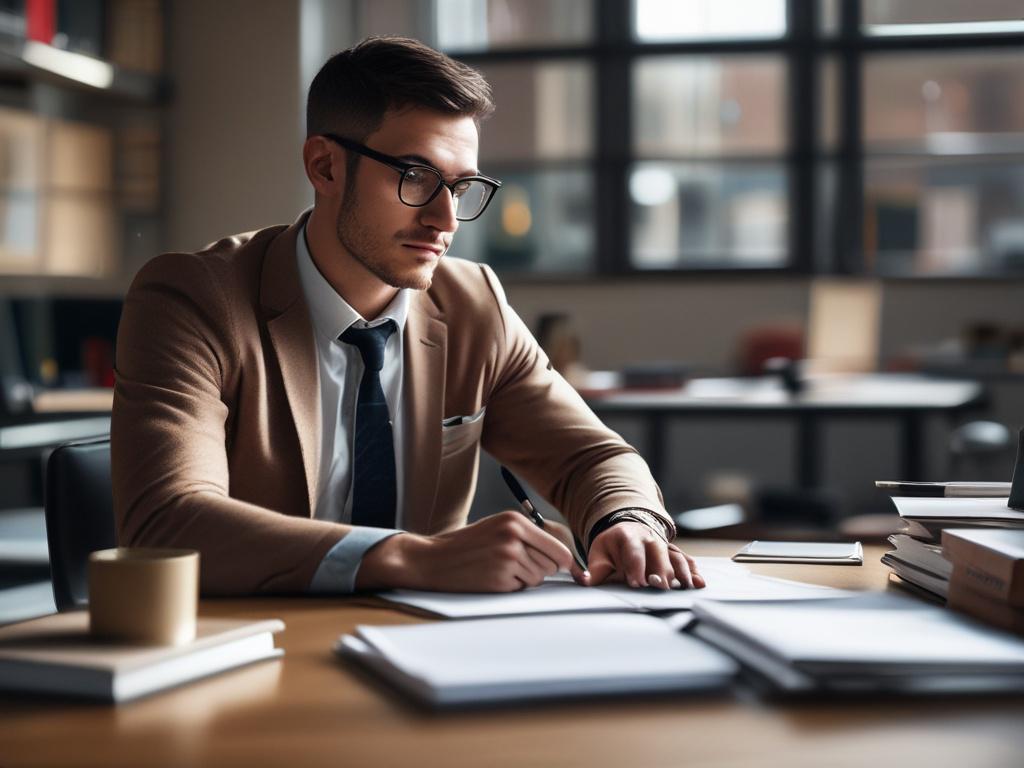 A focused shot of a confident professional studying with a