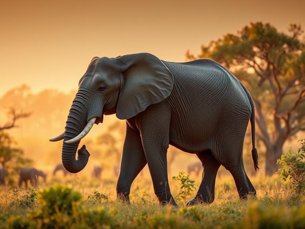 A realistic high-resolution photo of a majestic African elephant walking through the Kruger National Park at sunrise. The scene is bathed in gentle golden light, highlighting the lush greenery and diverse wildlife in the background. The composition is simple and clear, focusing on the elephant as the sole subject, with soft tones and a peaceful atmosphere. The image harmonizes with a deep green (#1C6220) primary color theme.