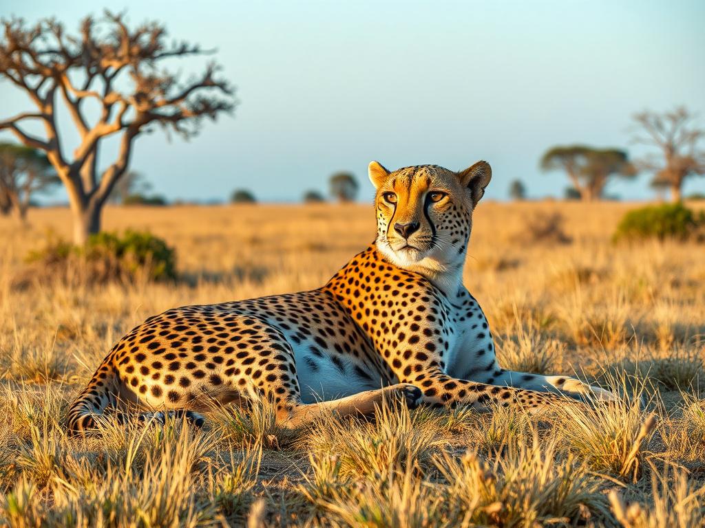 A highly detailed realistic high-resolution photo of a majestic cheetah resting calmly in natural savannah grassland, with soft golden light illuminating its sleek fur, set against a peaceful background of sparse acacia trees and a clear blue sky. The composition is simple and clear, focusing solely on the cheetah as the subject, embodying the essence of endangered species conservation in the African bushveld.