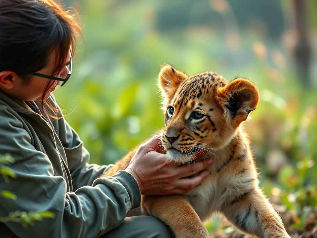 A realistic high-resolution photo of a wildlife rehabilitator gently caring for a rescued lion cub in a natural sanctuary setting. The background features soft greenery and natural habitat elements under gentle, diffused lighting to create a peaceful and hopeful atmosphere. The composition focuses on the interaction between the caretaker and the animal, highlighting compassion and dedication.