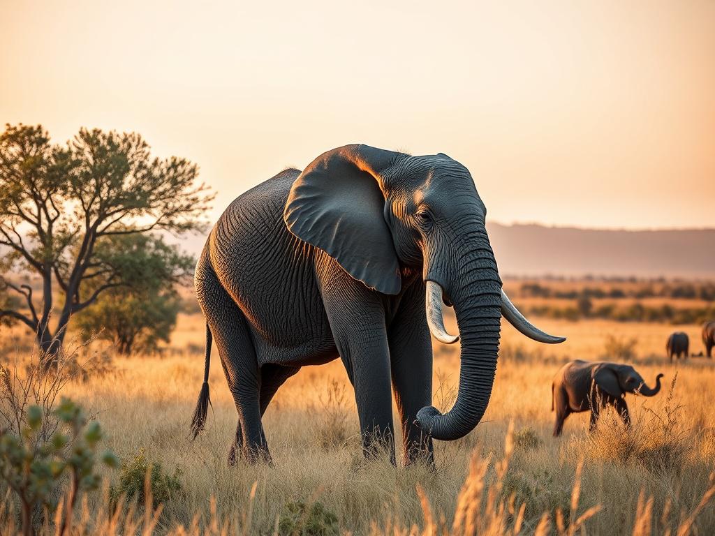 Create a realistic high-resolution photo featuring a single majestic African elephant standing gracefully in the golden light of early morning within Kruger National Park. The composition is simple and clear, focusing solely on the elephant as the subject, positioned slightly off-center to the right to emphasize natural movement and presence. Surround the elephant with iconic South African Lowveld savannah vegetation, including acacia trees and tall golden grasses gently swaying in the breeze. In the soft b