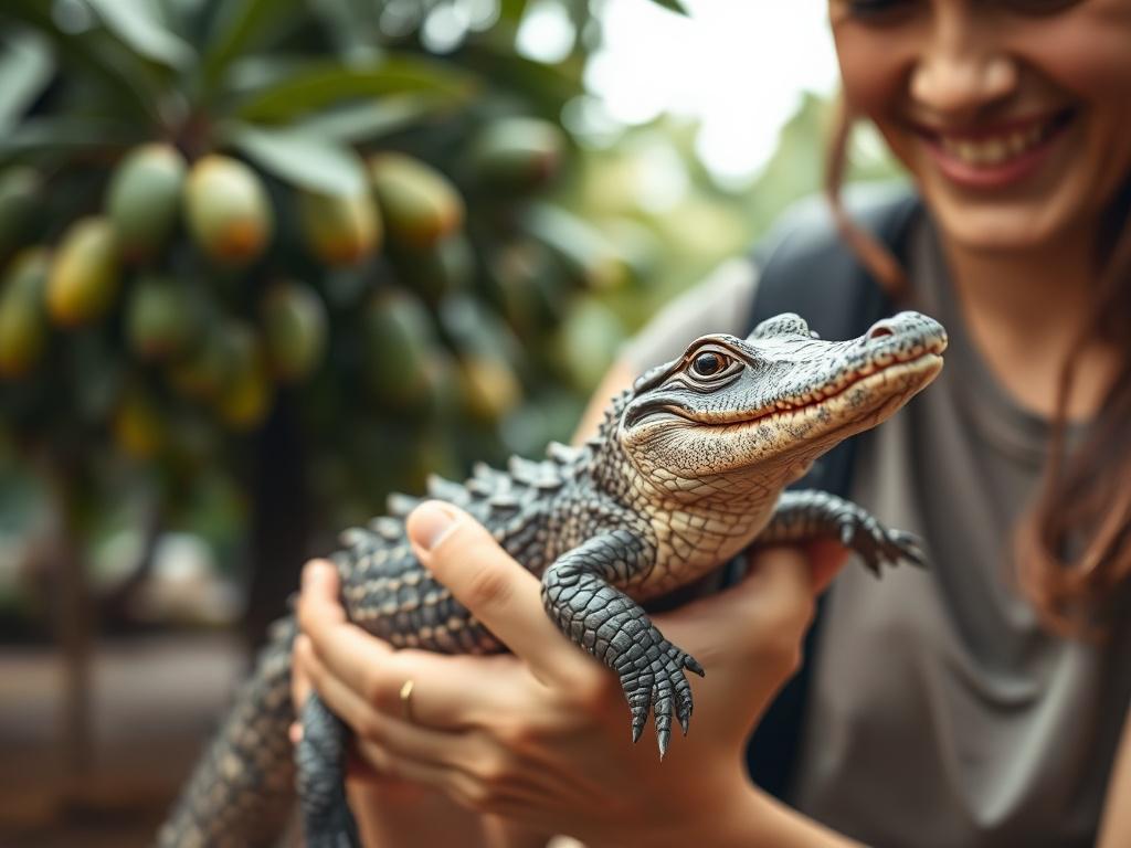 A realistic high-resolution image of a baby crocodile being gently held by a smiling visitor with lush greenery and avocado trees softly blurred in the background, showcasing a warm and educational atmosphere.