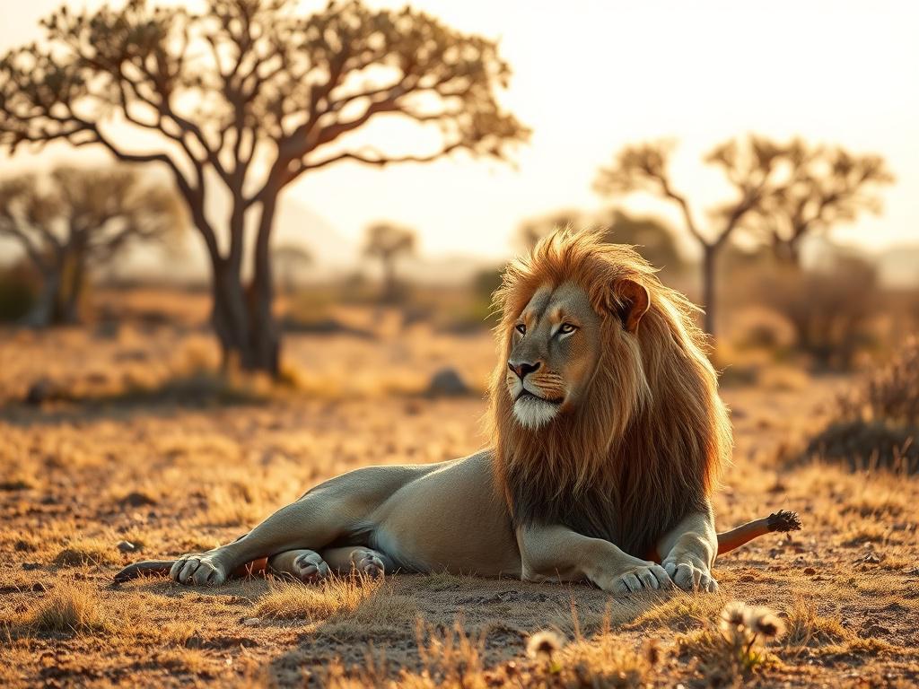 A high-resolution photo of a majestic male lion resting on a sunlit savannah plain with acacia trees in the background under a soft golden light, evoking the serene and wild essence of Kruger National Park in natural tones compatible with the #1C6220 color.